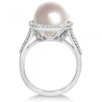 South Sea Cultured Pearl and Diamond Halo Ring 14K W. Gold (11mm) Akoya Pearl Ring With Diamond Accents, Formal Pearl Ring With Diamond Halo Design, Formal Diamond Pearl Ring With Halo Design, Formal White Pearl Ring With Prong Setting, White Pearl Ring With Prong Setting For Formal Occasions, Classic Round Pearl Ring With Halo Design, Classic Pearl Ring With Halo Design, Formal Diamond Pearl Ring With Halo, Elegant Diamond Pearl Ring With Halo Setting