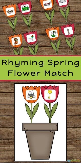 the rhyming spring flower match game is shown with flowers in a pot and words on