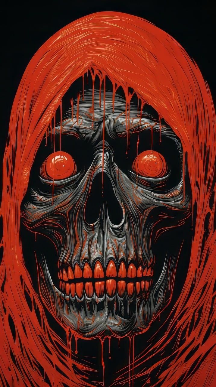 a painting of a skull with red eyes and blood dripping from its mouth, in front of a black background