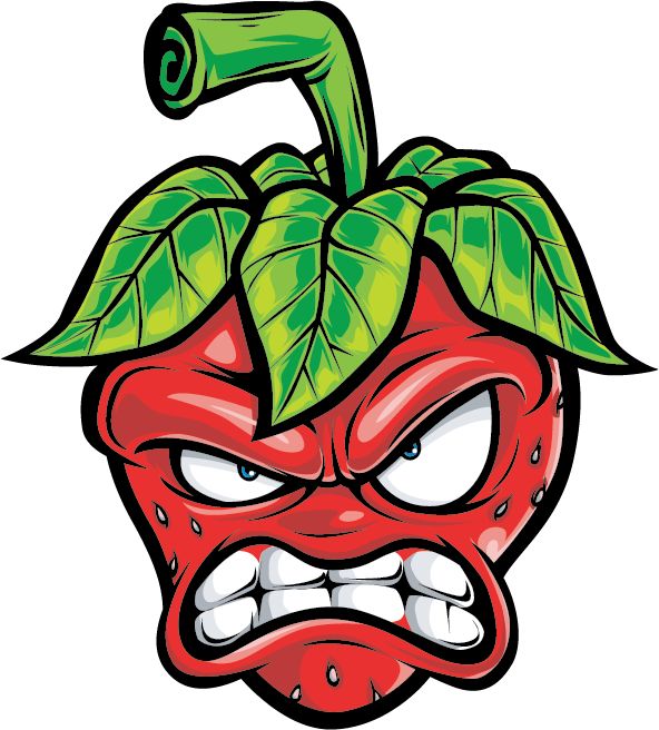 an angry red strawberry with green leaves on it's head