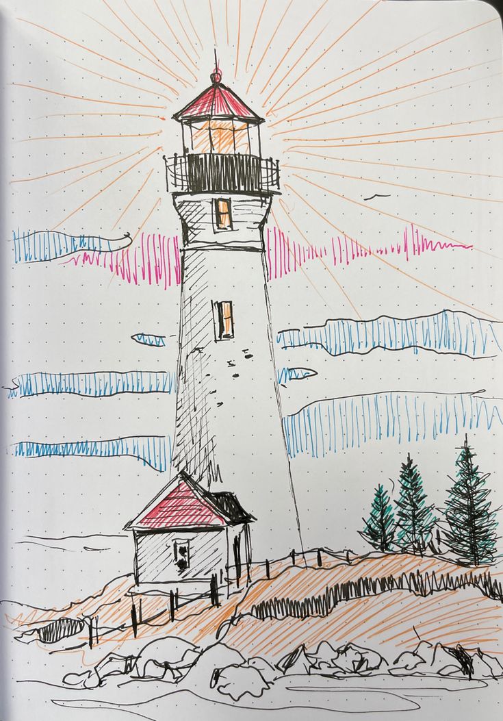 a drawing of a lighthouse on top of a hill