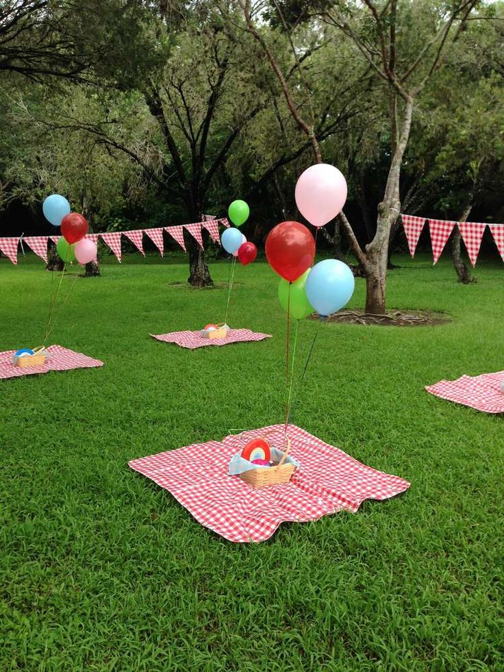 an outdoor party with pink and blue balloons, picnic blankets, and bunting flags