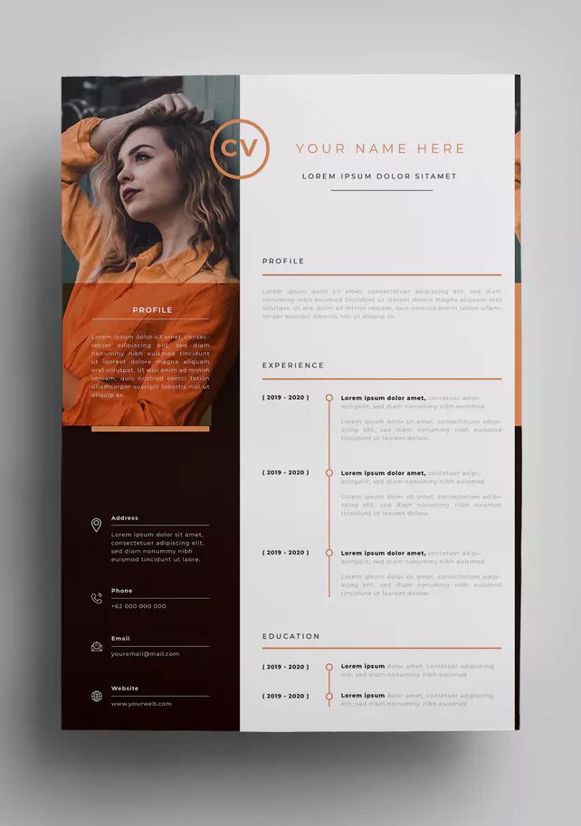 a clean and modern resume template with an orange accent on the front, black accents on the back