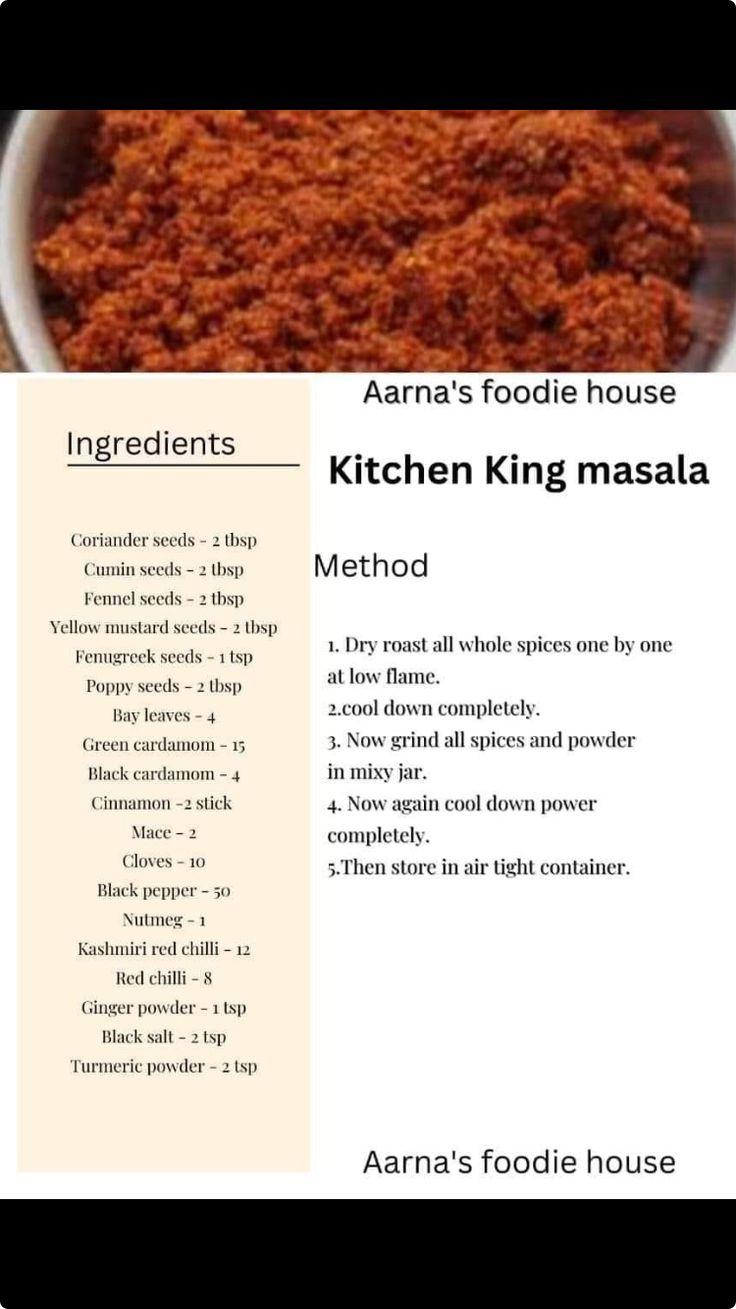 the recipe for kitchen king masala is shown in this image, with instructions to make it