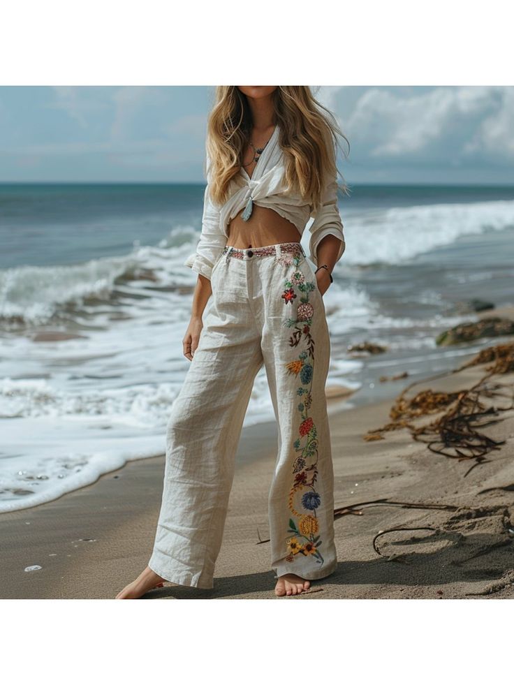 Women's Elegant Bottoms, Resort Ethnic Print Loose Trousers Beige Floral Embroidery Pants For Summer, Bohemian Linen Pants For Spring, Summer Trousers With Floral Embroidery, Summer Embroidered Beige Pants, Floral Embroidered Trousers For Summer, Casual Linen Bottoms With Floral Embroidery, Bohemian White Pants With Floral Embroidery, Bohemian Floral Embroidery Pants For Summer, Summer Linen Bottoms With Floral Embroidery