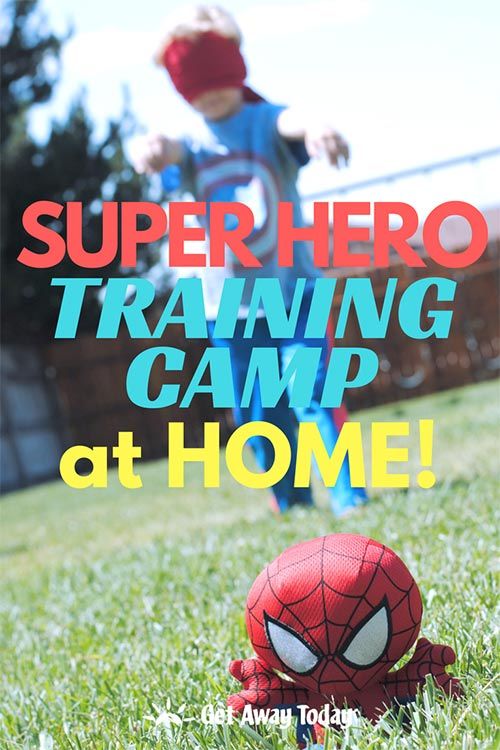 a spiderman toy sitting in the grass with text overlay that reads, super hero training camp at home