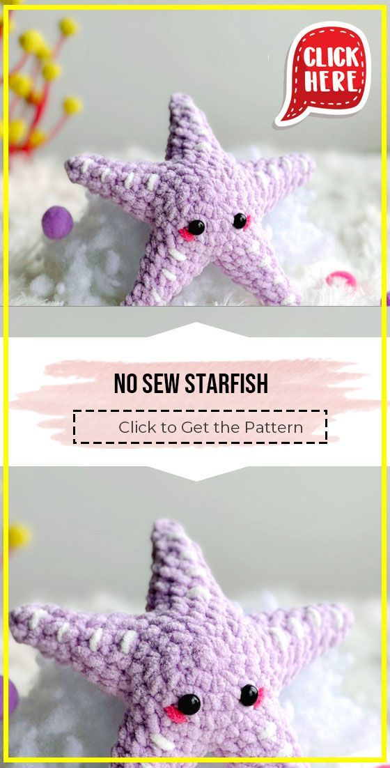 there is a crocheted starfish with two different colors on it and the text below reads, no sew starfish click to get the pattern