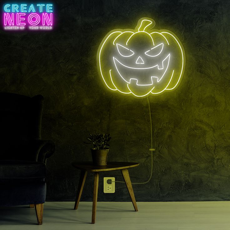 a neon sign with a jack - o - lantern on it next to a chair