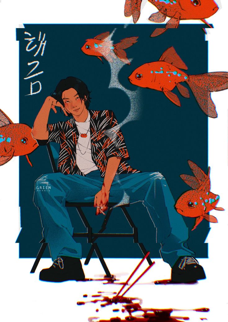 a man sitting in a chair surrounded by fish