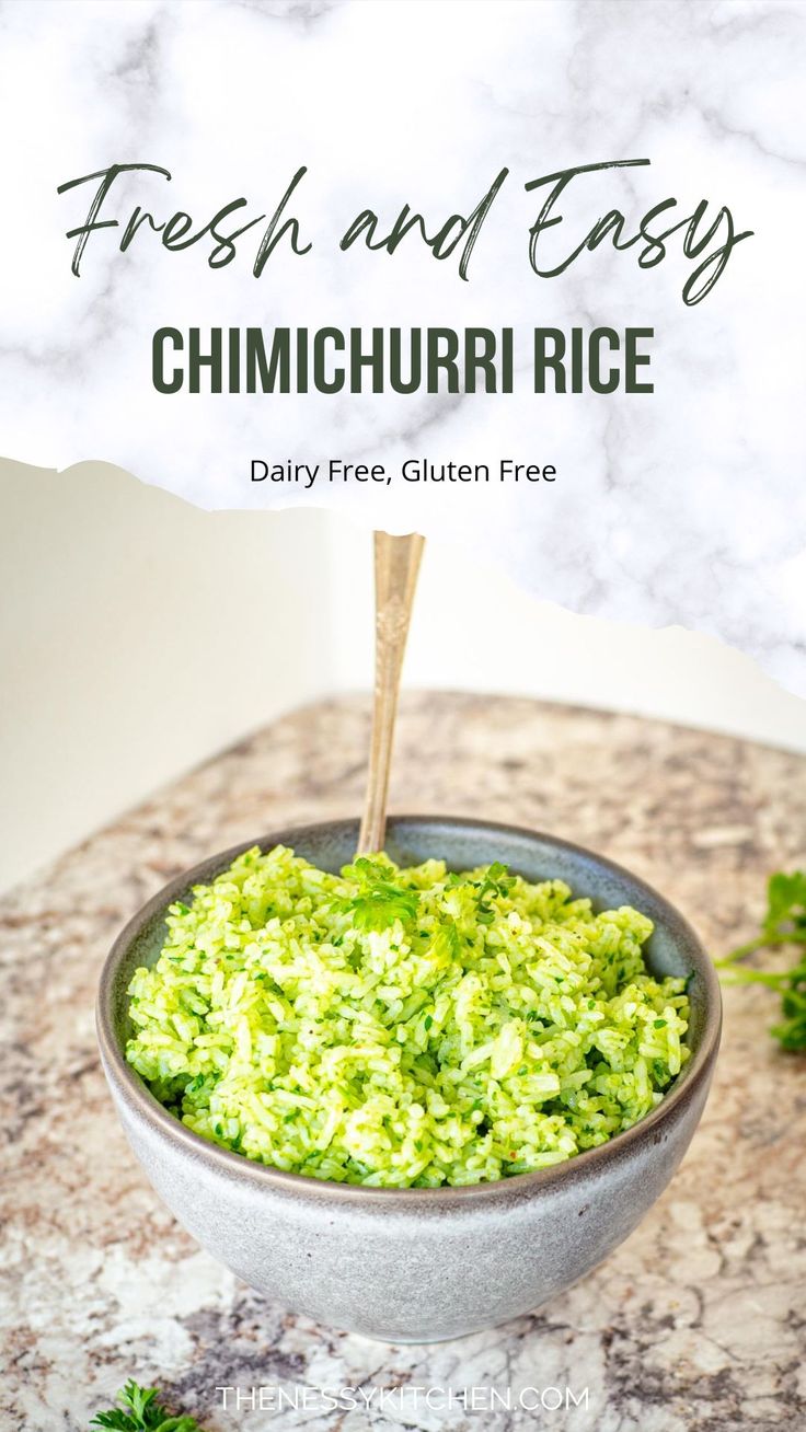 a bowl filled with green rice on top of a counter