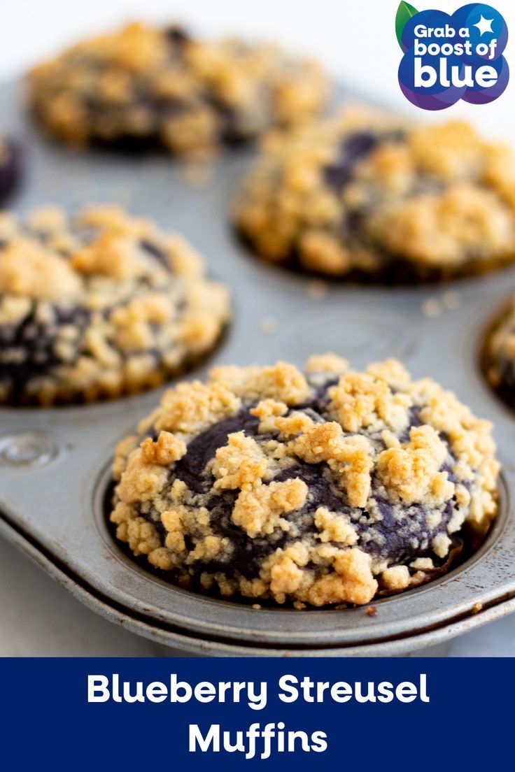 blueberry streusel muffins in a muffin tin with the title