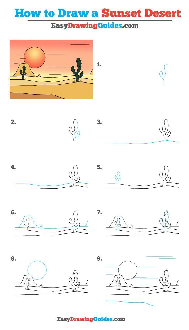 how to draw a sunset desert with easy drawing guides for kids and beginners - step by step instructions