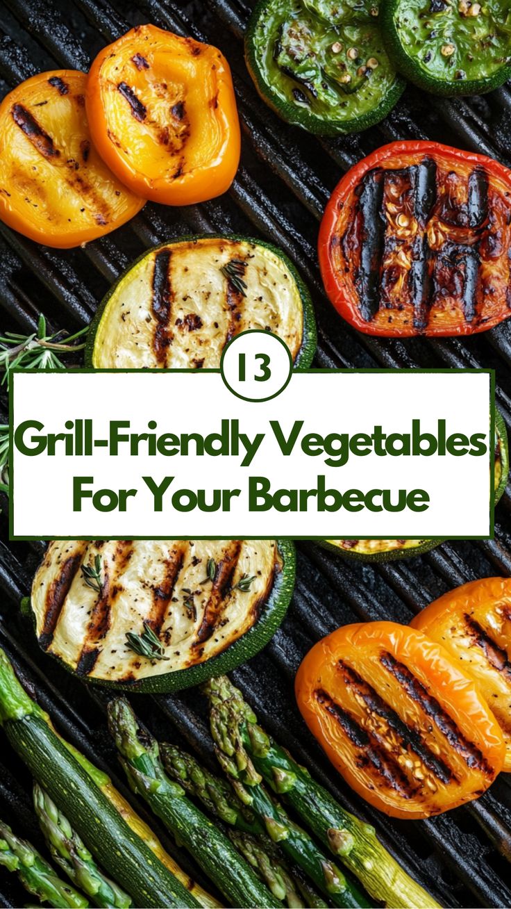 Grilled vegetables, including zucchini, bell peppers, and asparagus, on a barbecue grill for a summer cookout. Veggies For Grilling, How To Grill Vegetables On The Grill, Grilled Veggies On The Grill Marinade, Best Vegetables To Grill, Grilled Vegetables On The Grill, Grilled Veggies On The Grill, Veggies On The Grill, Best Grilled Vegetables, Grilled Romaine Lettuce