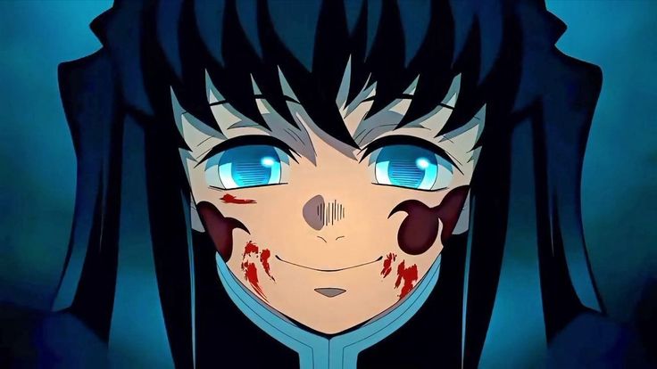 an anime character with blue eyes and blood on his face is staring at the camera