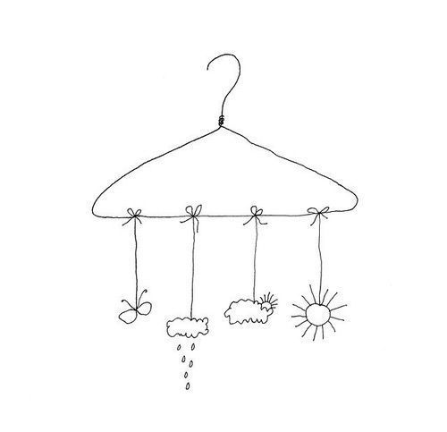 a black and white drawing of a clothes hanger with sheeps hanging from it