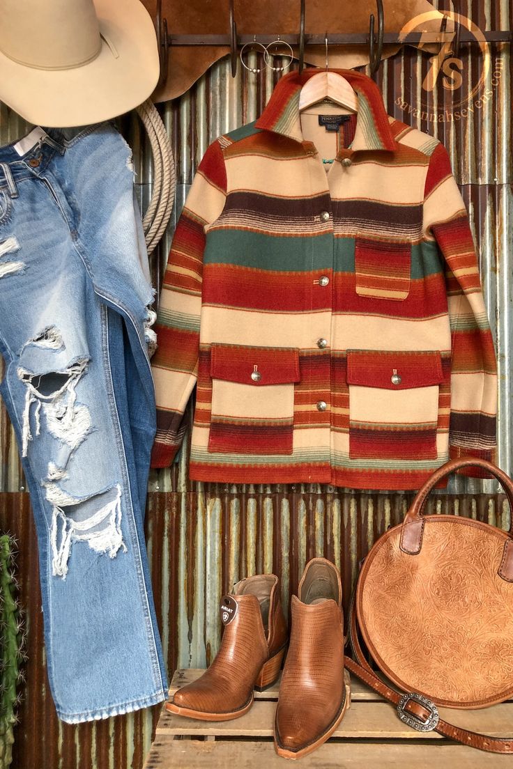 The Santa Fe – Savannah Sevens western life{&}style Western Jeans Savannah Sevens, Pendleton Wool Jacket, Southwest Blanket Coat, Navajo Long Sweater, Pendleton Westerly Women, Western Clothes Shop, Pendelton Vest, Rustic Clothing, Serape Pattern