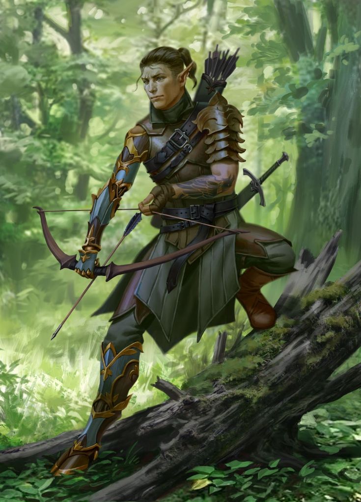 a man in the woods with a bow and arrow on his shoulder, holding an arrow