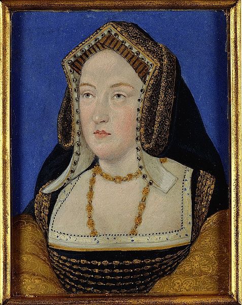 an old painting of a woman wearing a black dress and gold trimmed headdress