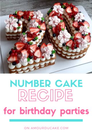 number cake recipe for birthday parties with strawberries and blueberries on top, in the middle