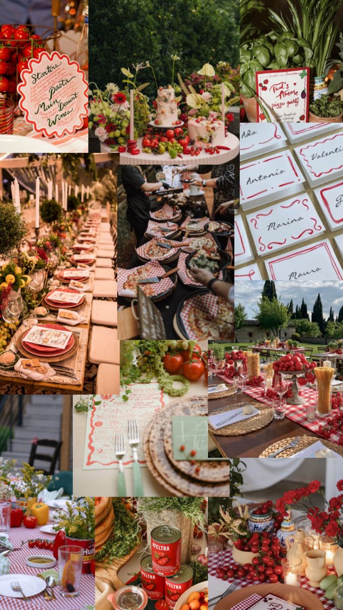 a collage of photos with food and decorations on the table for a holiday party