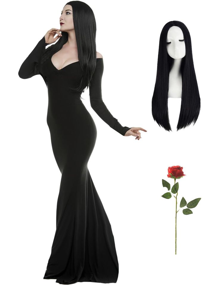 a woman in a long black dress next to a flower and a mannequin head