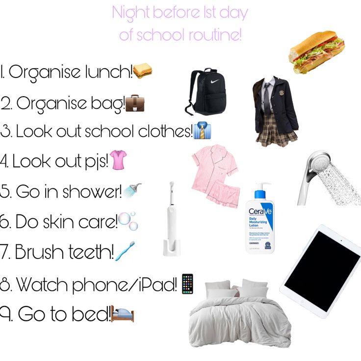 the contents of a night before school routine are shown in this graphic above it's description