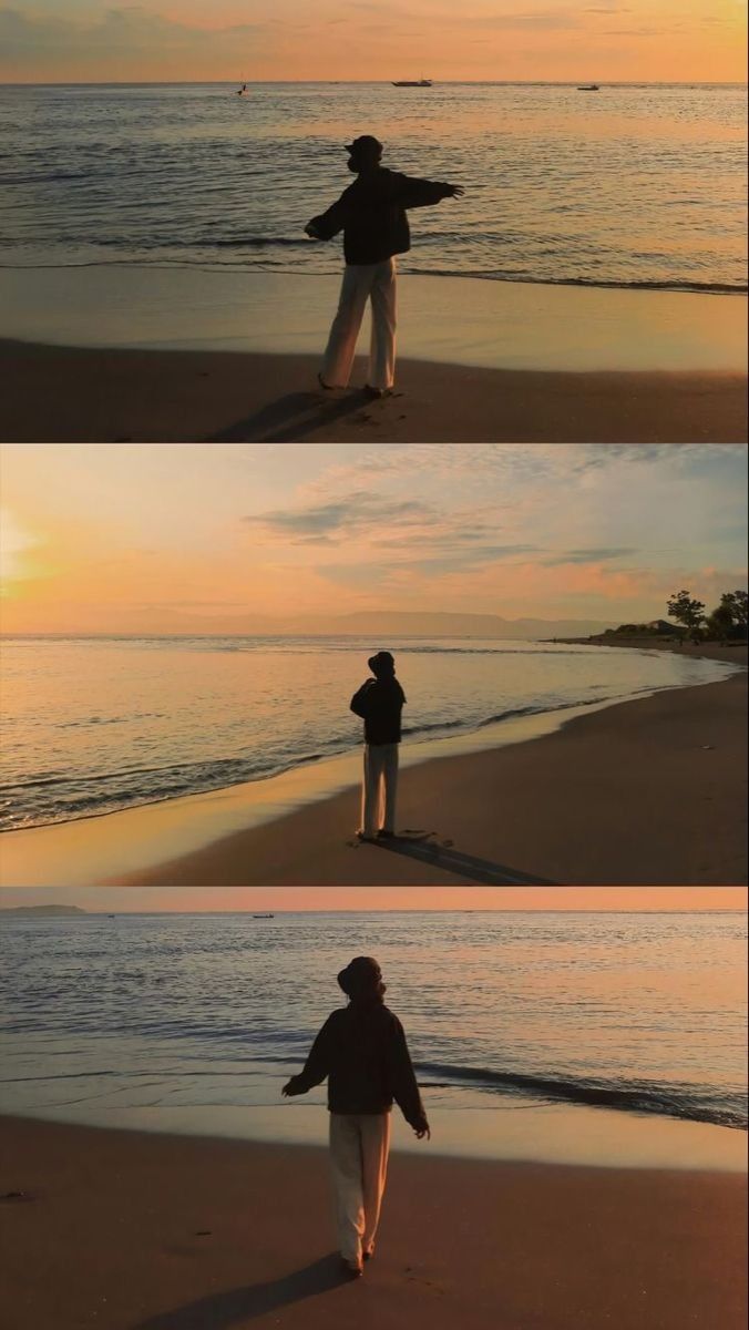 three different shots of a man walking on the beach with his arms out in front of him