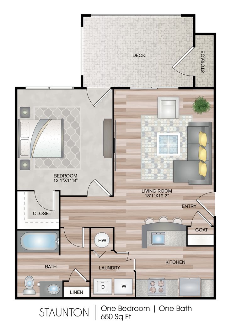 the floor plan for a one bedroom, one bath apartment with an attached kitchen and living room