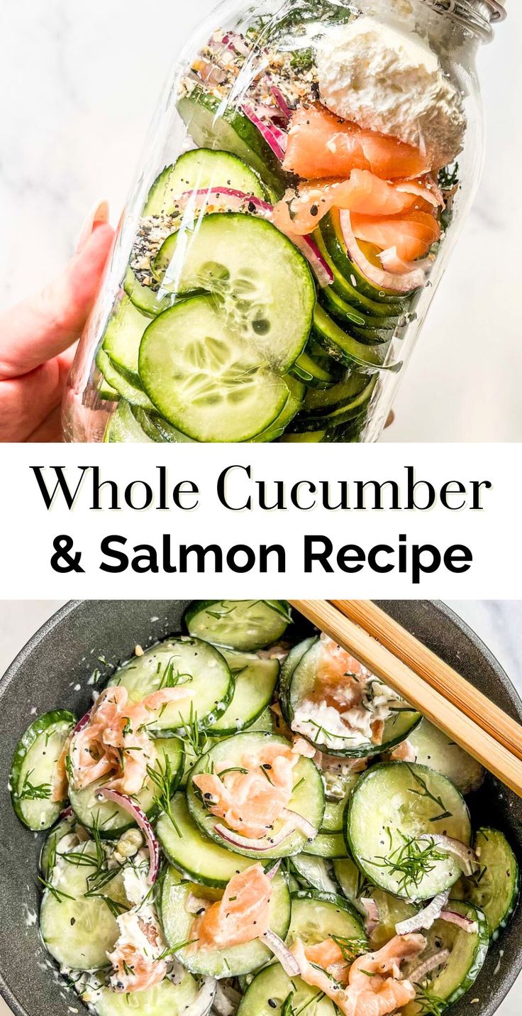 a bowl filled with cucumber and salmon next to a jar full of pickles