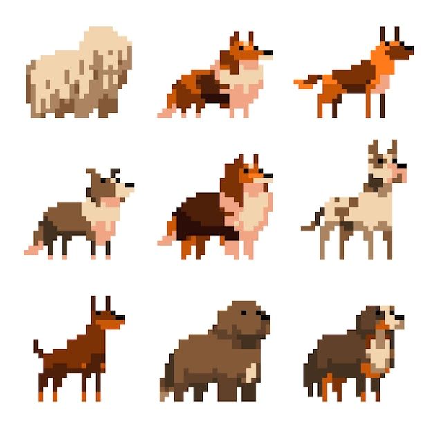 pixel art animals set on white background