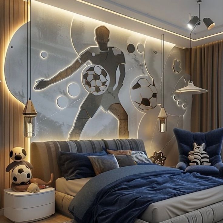 Football-themed boys' room with creative decor ideas. Features include football wall art, themed bedding, a goalpost headboard, a football rug and curtains, and football-themed storage solutions. Perfect for young sports enthusiasts! Football Bedroom Ideas, Boys Football Bedroom, Sports Rooms, Sports Room Boys, Football Bedroom, Boys Football, Football Decorations, Sports Room, Study Room Decor