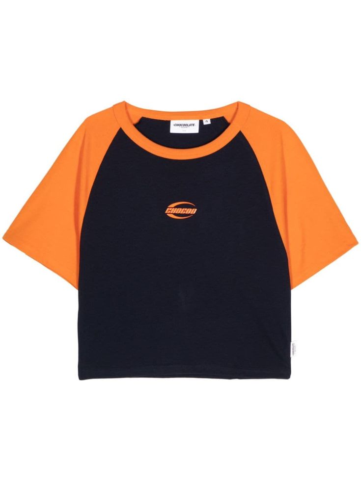 pumpkin orange/black cotton jersey texture colour-block panelled design contrasting crew neck short raglan sleeves logo print to the front logo tag to the side cropped straight hem Yoko London, City Dress, Logo Tag, Iconic Bags, Summer Beach Wear, Pumpkin Orange, Colour Block, Jersey Shirt, Lady Dior