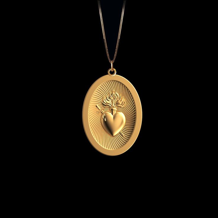 Elevate your faith with our gold Sacred Heart Pendant. This solid gold necklace showcases exquisite craftsmanship, symbolizing love and devotion in the Catholic tradition. The 14 karat gold Sacred Heart pendant is more than just jewelry; it's a fine representation of faith and spirituality, also available in 18k yellow gold. PENDANT INFORMATIONThis pendant is made of real, solid gold.• Made in USA• Material: 14k or 18k solid gold• Finish: polished• Height: 1.25" (32 mm) x Width: 0.84" (21 mm)• P Sacred Heart Pendant, Yellow Gold Necklace With Heart Charm, Symbolic Gold Jewelry With Heart Charm, Yellow Gold Oval Jewelry With Heart Charm, Symbolic Engraved Jewelry For Valentine's Day, Valentine's Day Symbolic Engraved Jewelry, Gold Heart Pendant Jewelry With Large Pendant, Gold Heart Pendant Large Jewelry, Spiritual Gold Jewelry With Heart Pendant