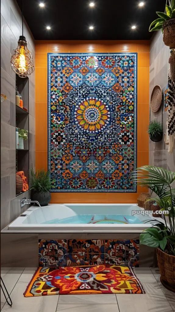 a bath tub sitting next to a tiled wall in a bathroom with potted plants