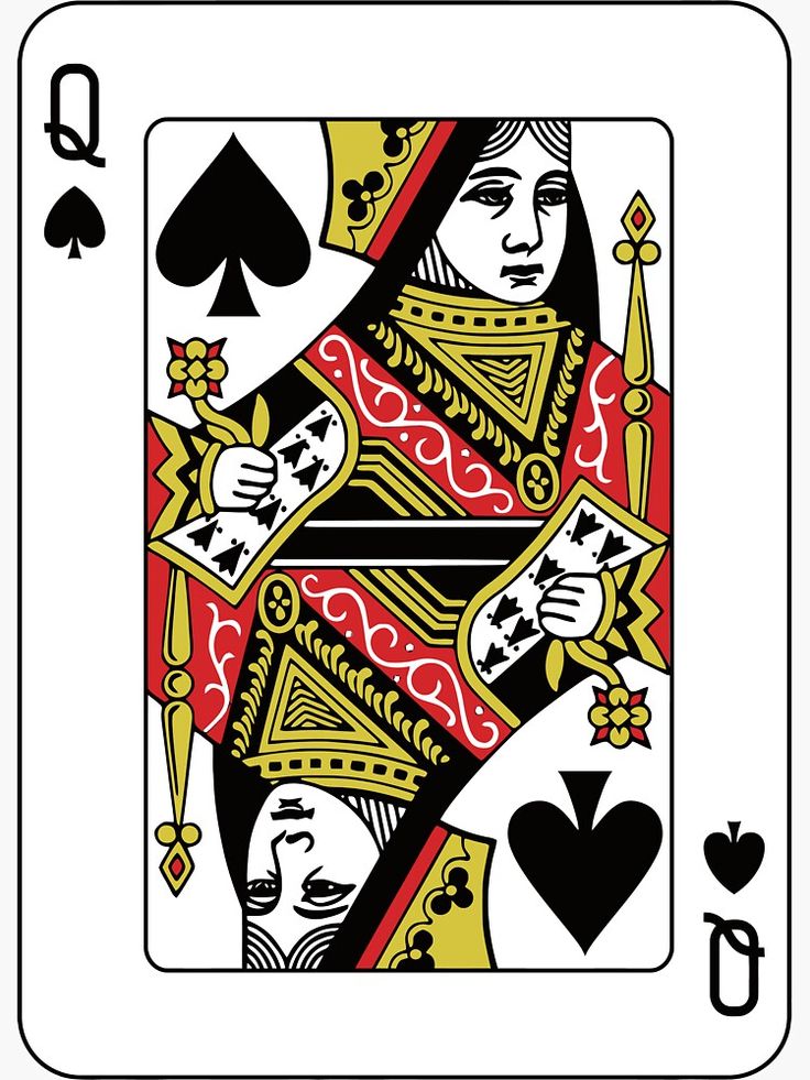 the queen of spades playing card is shown in black and yellow, with red accents