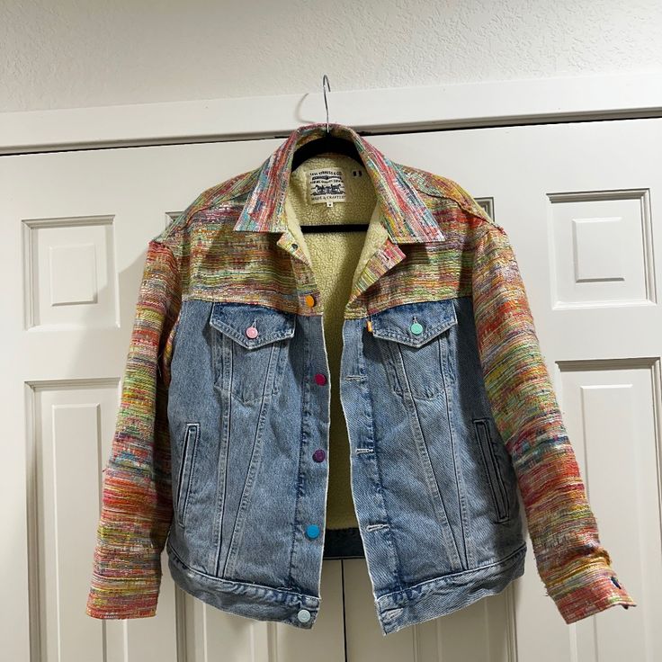 Nwot, Custom Levi's Sherpa Trucker Jacket Medium Cozy Sherpa Lining Multicolored Levi's Buttons Multicolor Patchwork Long Sleeve Denim Jacket, Multicolor Denim Jacket With Pockets For Fall, Multicolor Cotton Denim Jacket With Long Sleeves, Multicolor Long Sleeve Cotton Denim Jacket, Colorful Cotton Outerwear For Fall, Colorful Casual Outerwear For Spring, Fitted Multicolor Denim Jacket For Winter, Fitted Multicolor Cotton Outerwear, Colorful Cotton Spring Outerwear