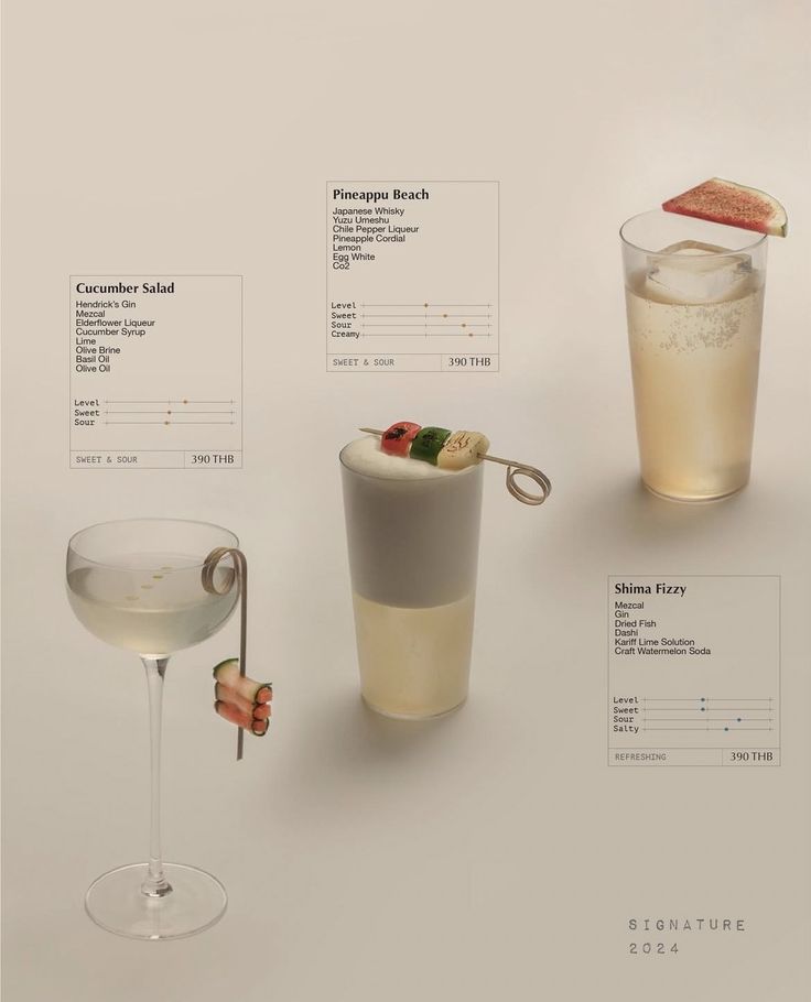 three different types of cocktails on a white background