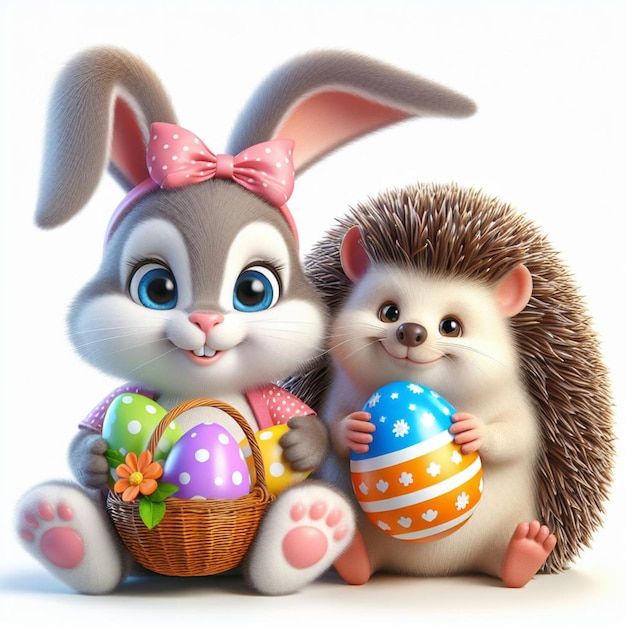 two hedgehogs are holding easter eggs in front of each other and one has a pink bow on its head