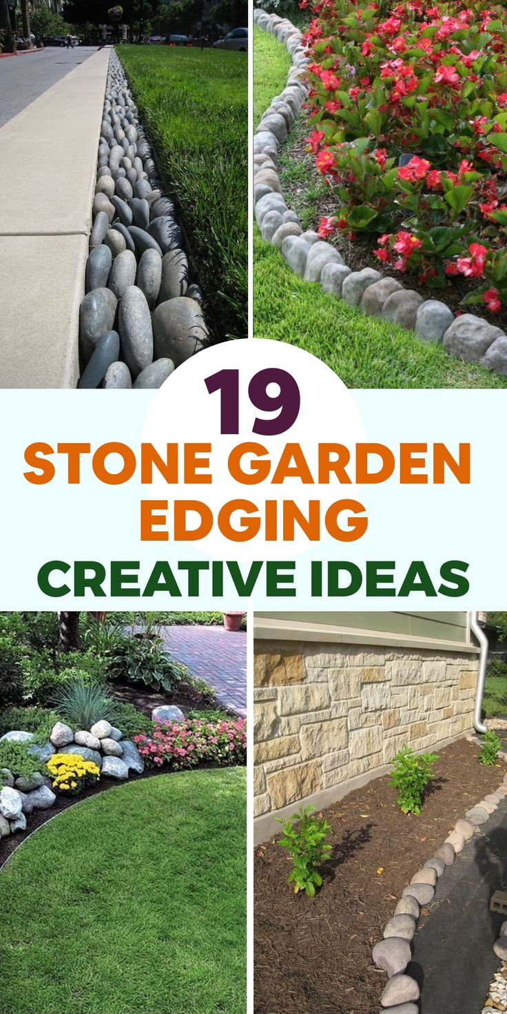 stone garden edging creative ideas for the front yard and back yard - cover image with text that reads 19 stone garden edging creative ideas