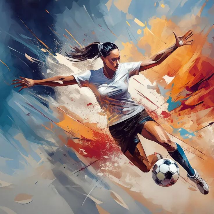 a painting of a woman kicking a soccer ball