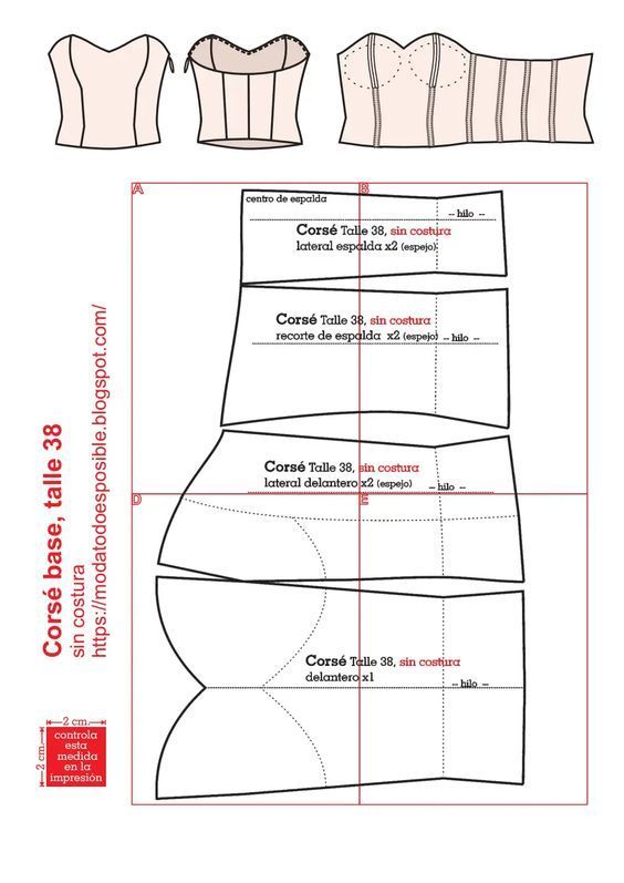 the front and back view of a sewing pattern, with measurements for each piece on it