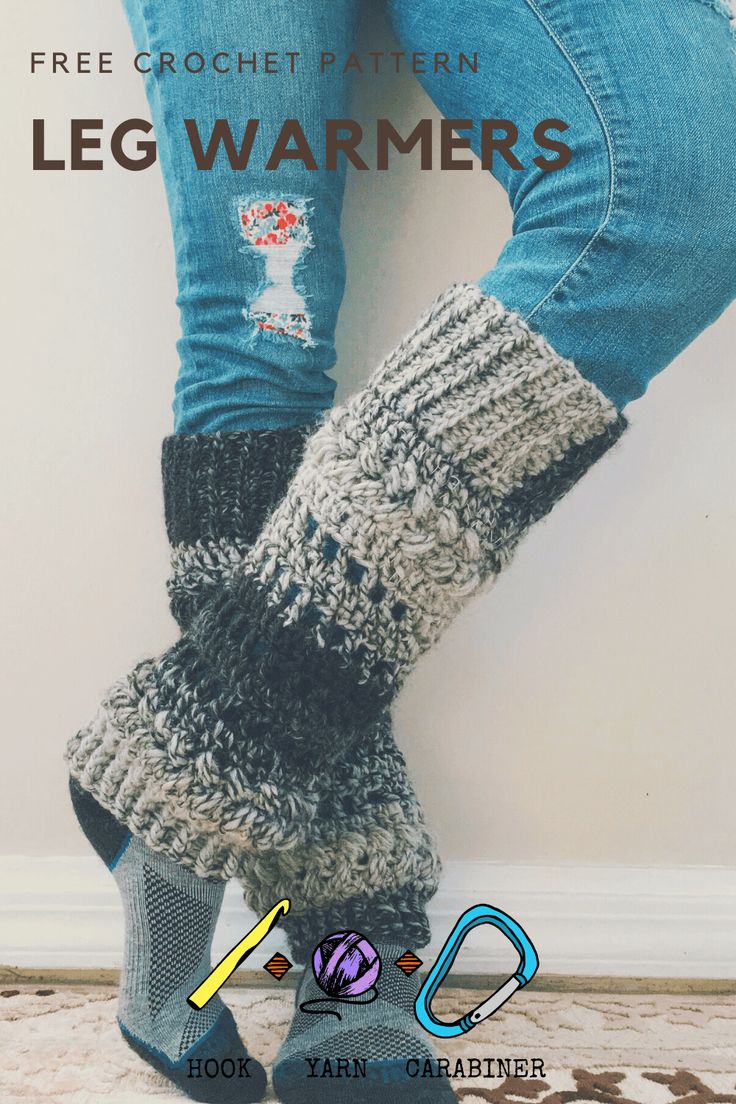 the legs and leg warmers are knitted in gray, black, and white