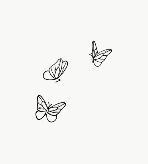 three butterflies flying in the air on a white background with black lines and small dots