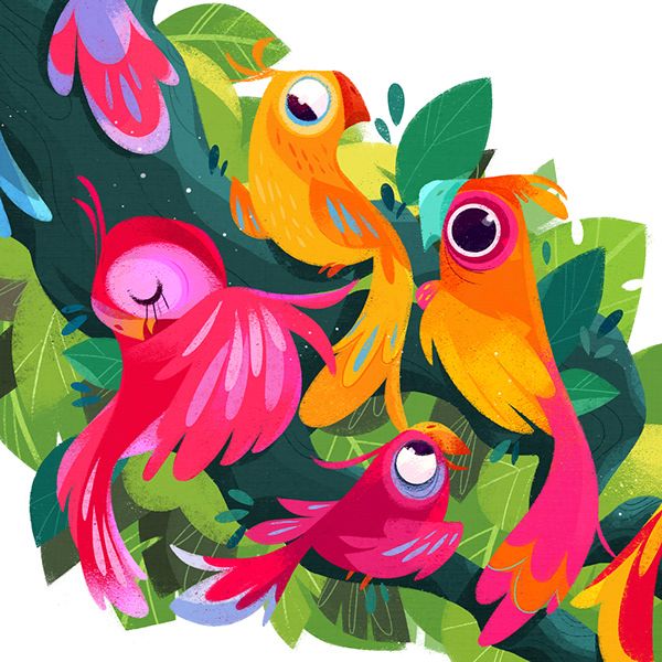 three colorful birds sitting on top of green leafy branches with leaves around them and one bird looking at the camera