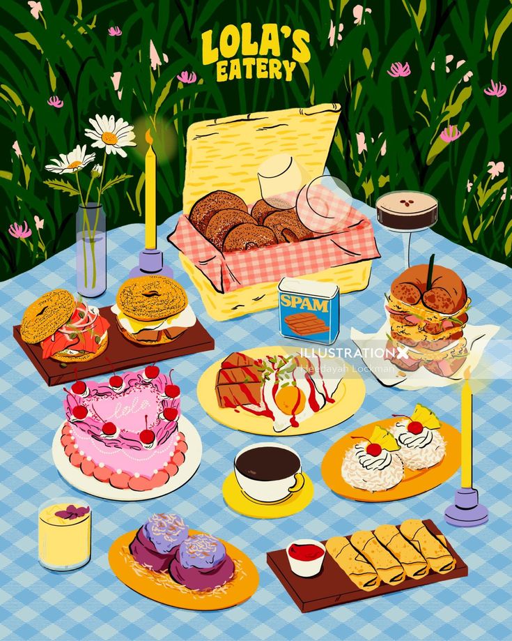 a picnic table filled with lots of cakes and pastries on top of a blue checkered table cloth