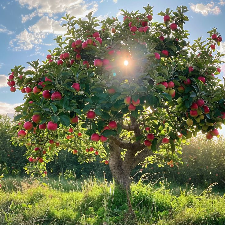 an apple tree with lots of red apples growing on it's branches and the sun shining through the leaves