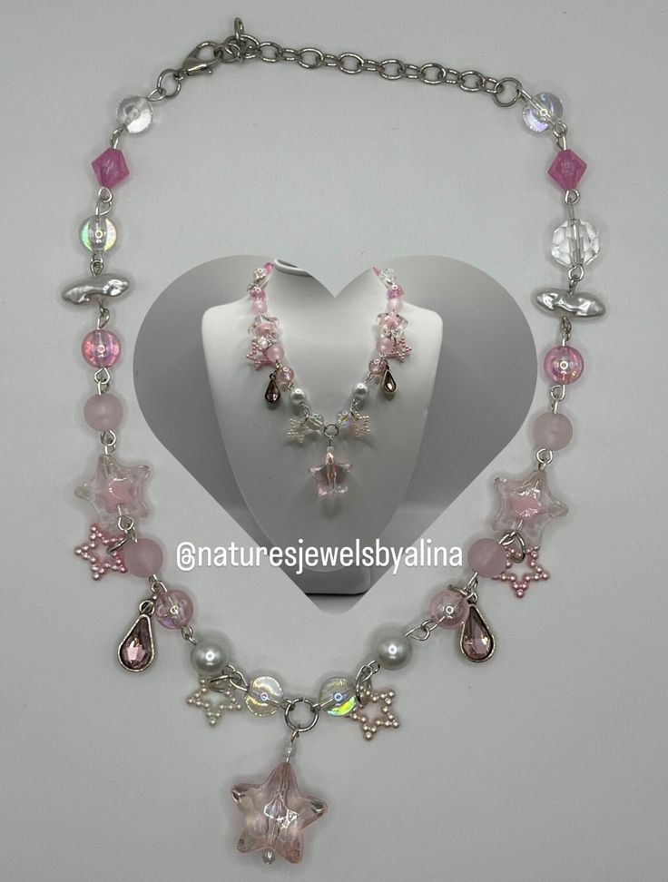 Can be adjusted from 14-17 inches Handmade by me <3 Trendy Adjustable Star Necklaces, Trendy Pink Necklace With Star Charm, Trendy Adjustable Star-shaped Necklace, Pink Star Necklace, Handmade Pink Star Necklace, Pink Handmade Star Necklace, Pink Star-shaped Jewelry For Party, Elegant Pink Star-shaped Jewelry, Pink Beaded Y2k Necklace