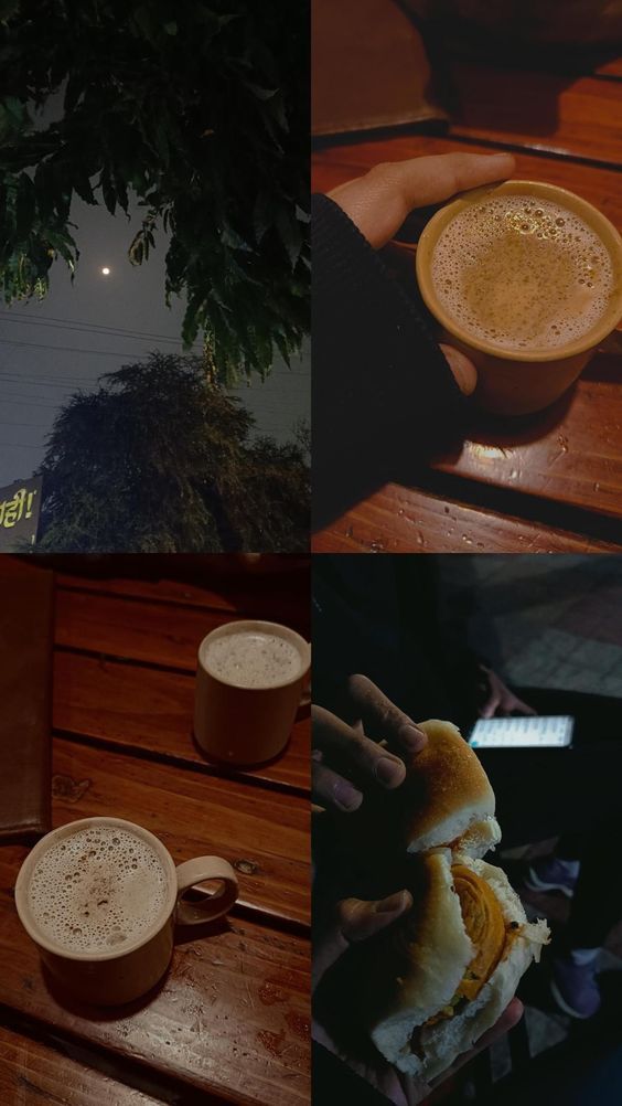 there are three pictures with different foods and drinks in them, one has a sandwich and the other has coffee