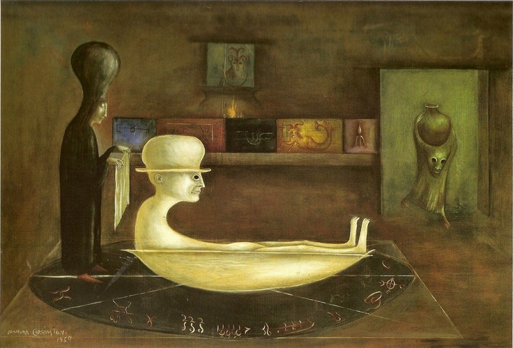 a painting of a man sitting in a bathtub next to a bottle and vase