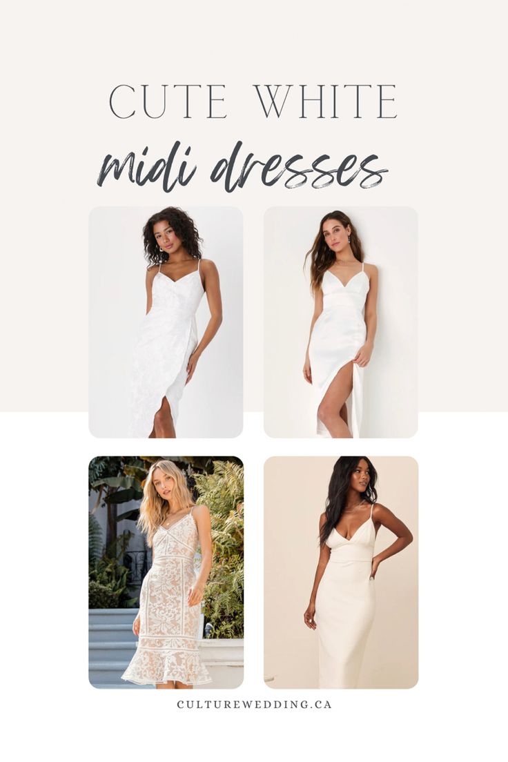 three different dresses with the words cute white midi dresses